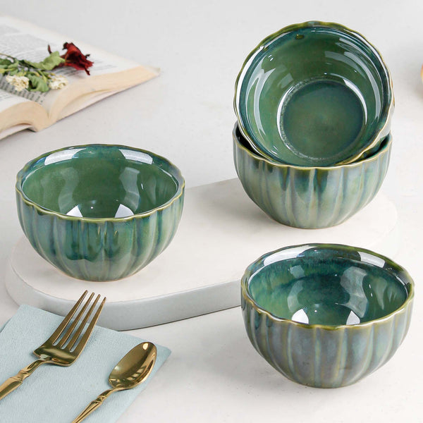 Green Ribbed Ceramic Bowl Set of 4, 320ML
